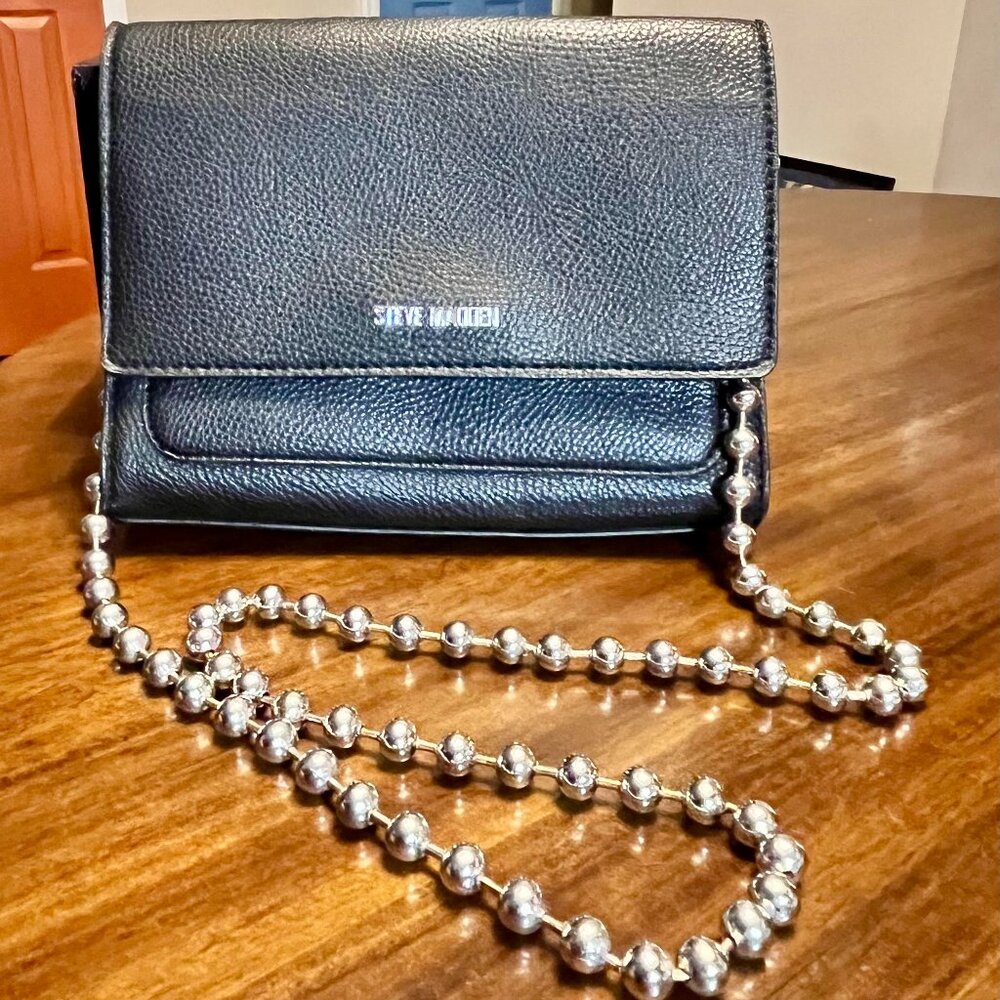 Steve Madden Black Flap Crossbody Bag with Silver Ball Chain and Magnetic Snap